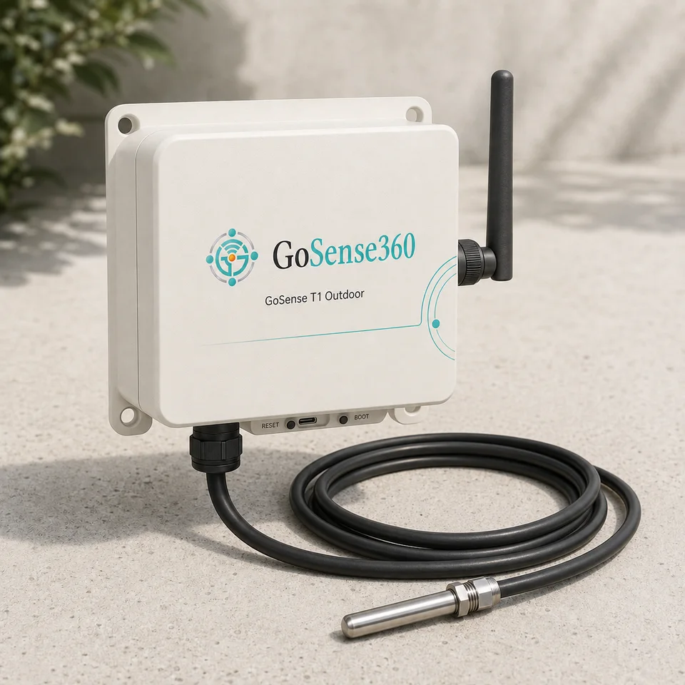 Front view of GoSense360 ColdChain outdoor device with wired temperature probe