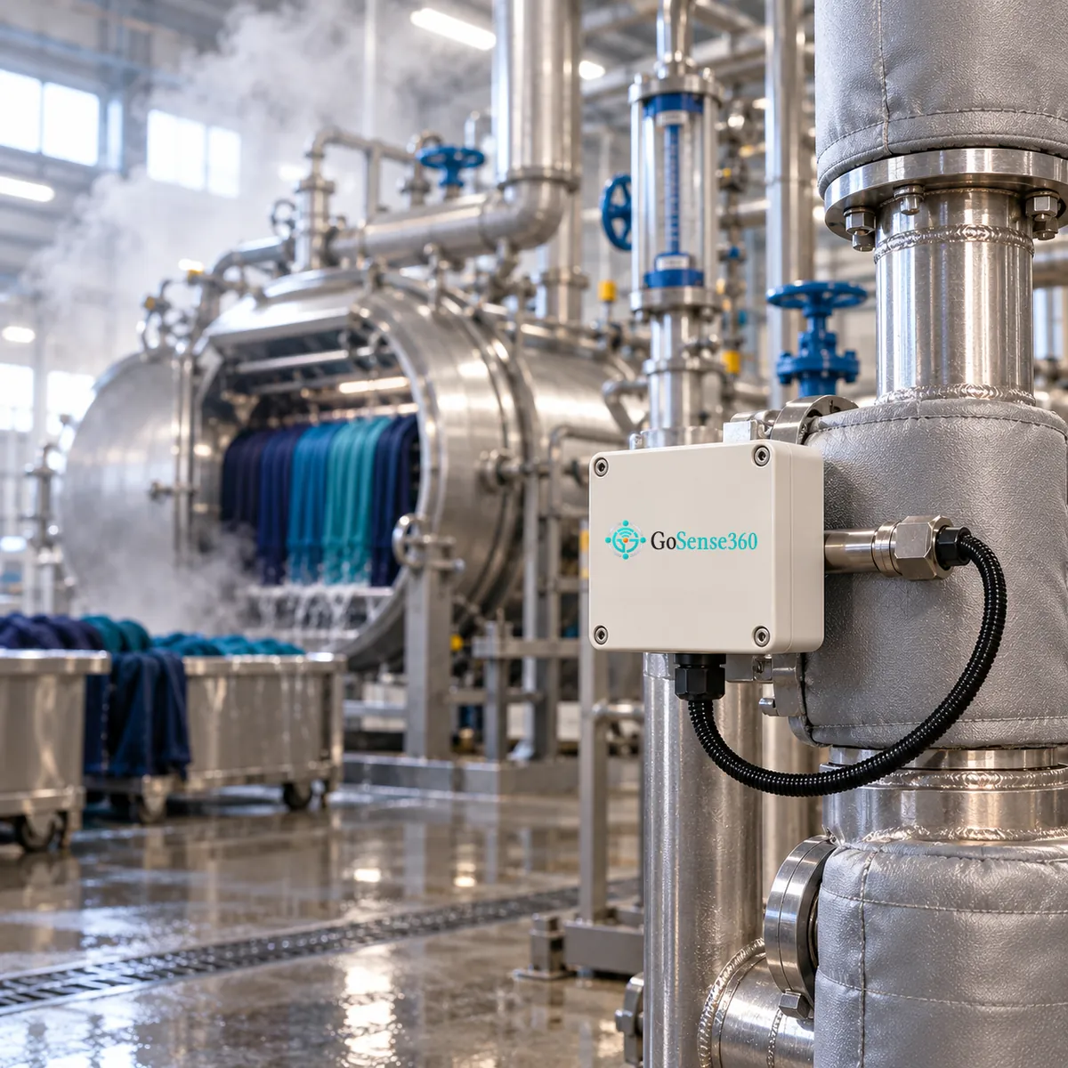 GoSense360 sensor transmitter on dyehouse process piping beside a dyeing machine