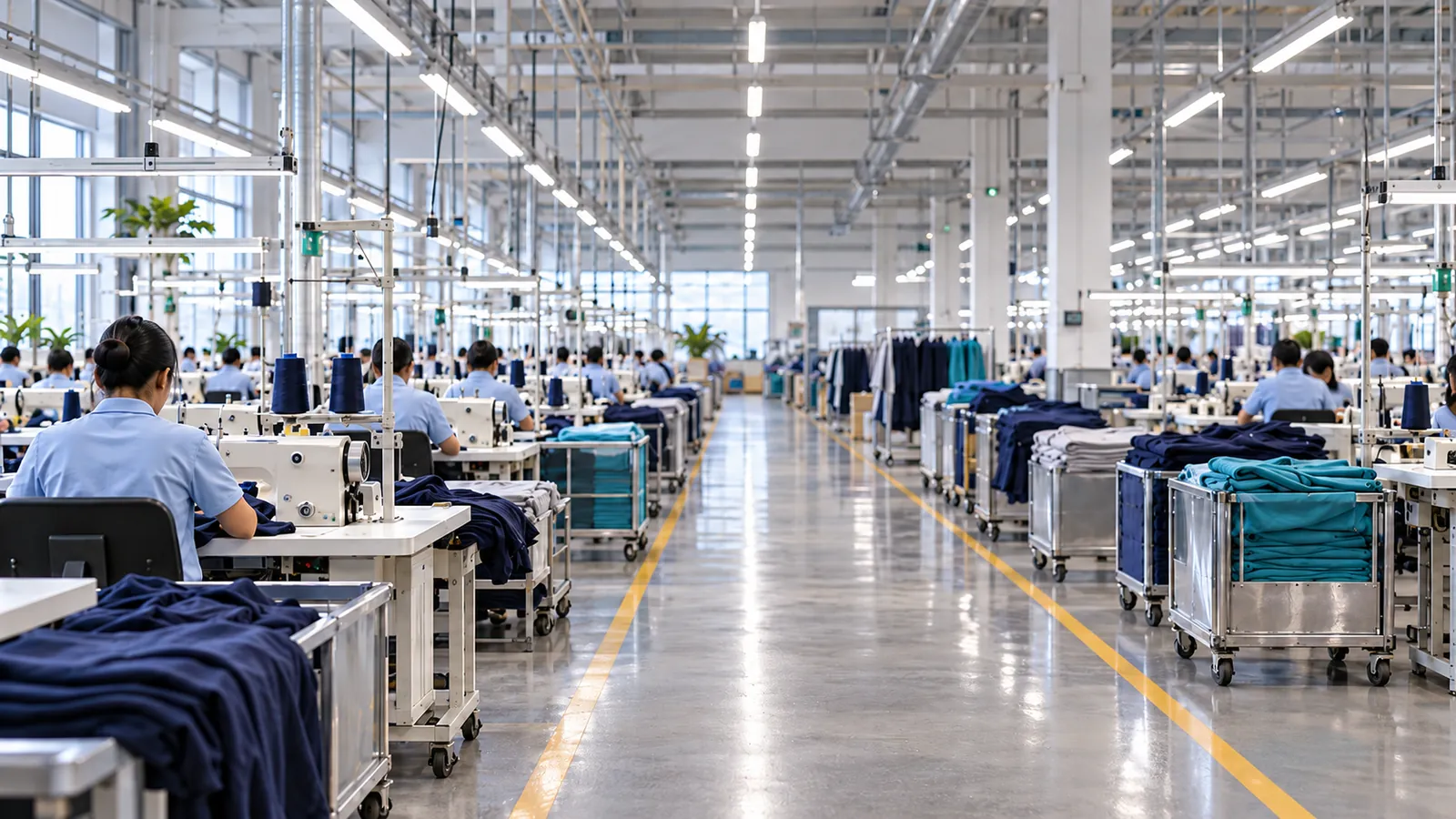 Garment factory floor with rows of sewing lines and fabric trolleys along a central aisle
