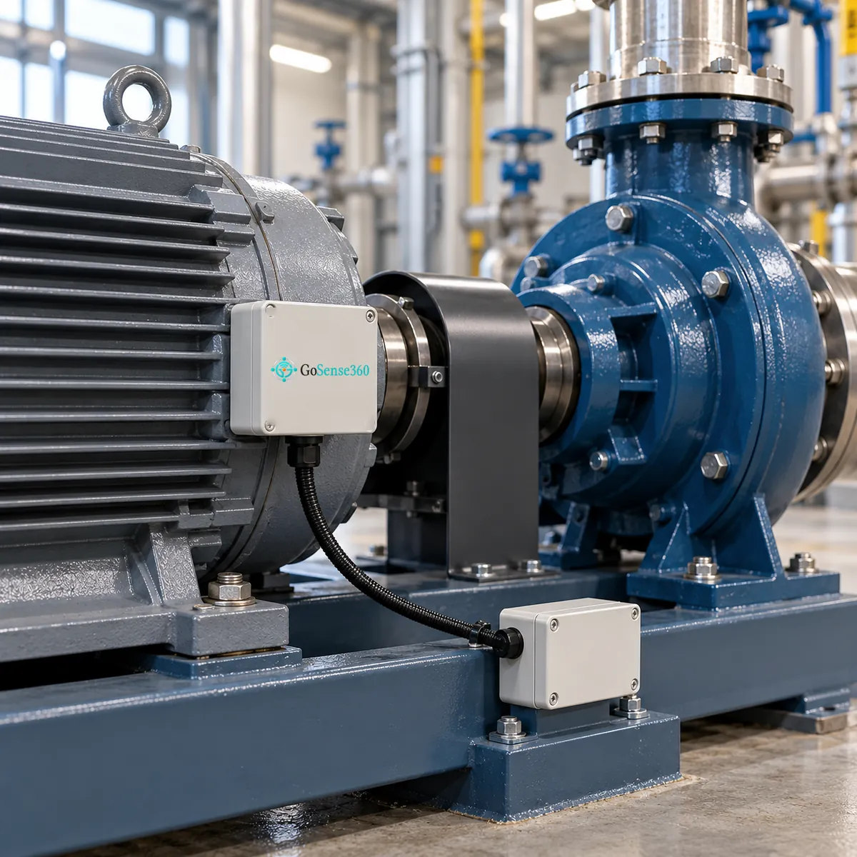 GoSense360 sensor enclosure on an industrial motor coupled to a pump