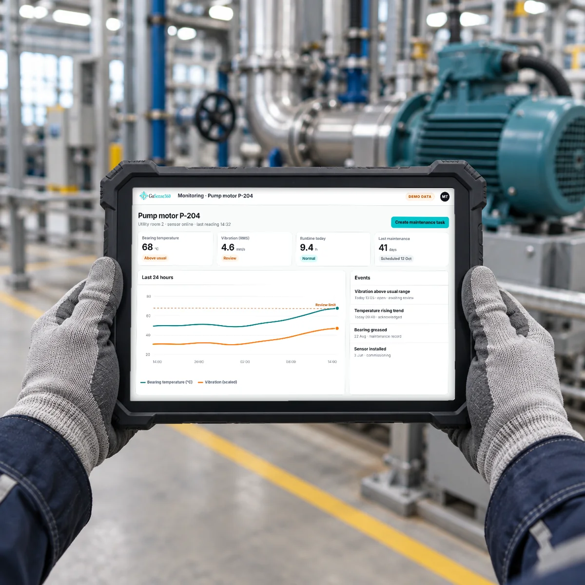 Rugged tablet held on a plant floor showing an asset monitoring screen with temperature and vibration trends
