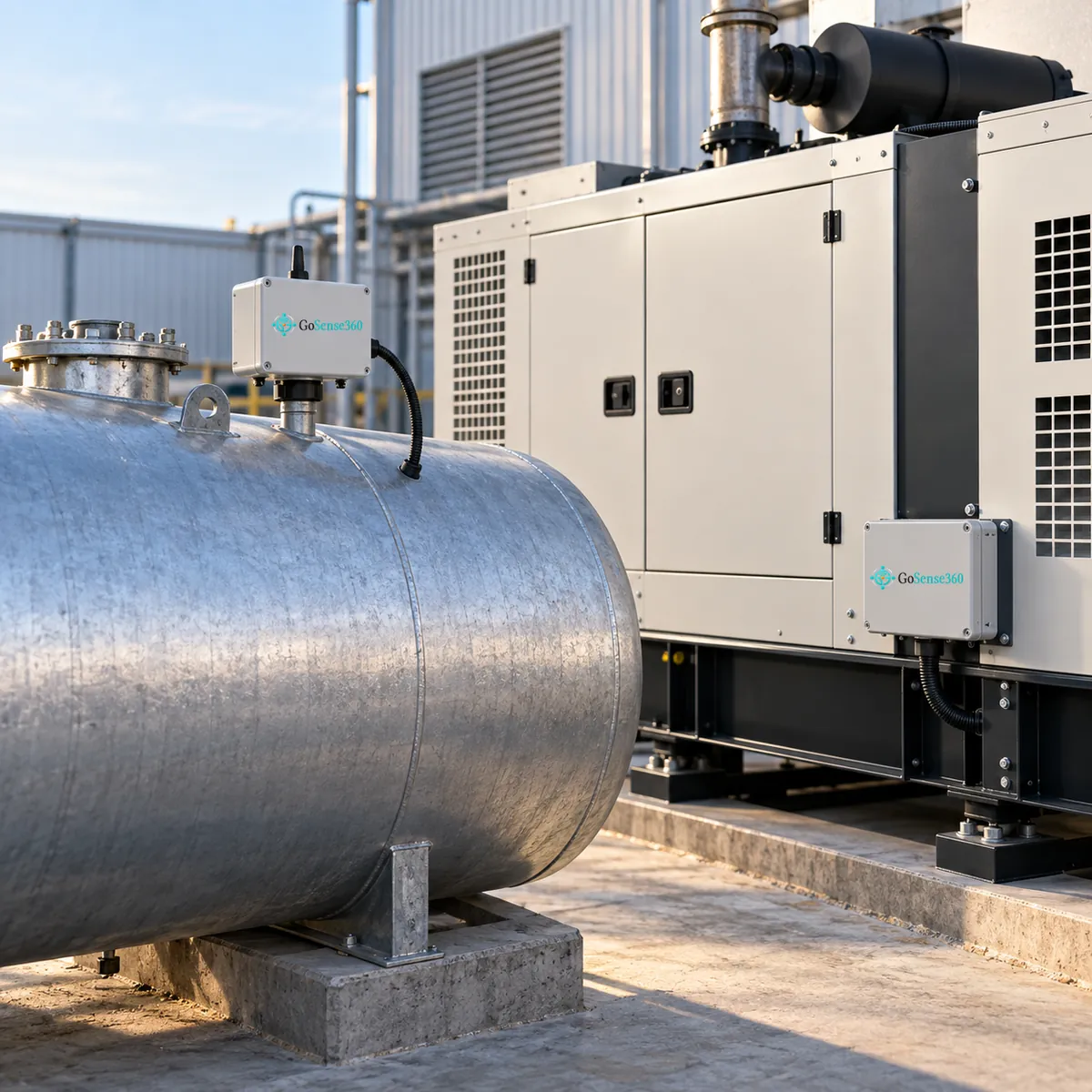 GoSense360 sensor enclosures on a fuel tank and a standby generator